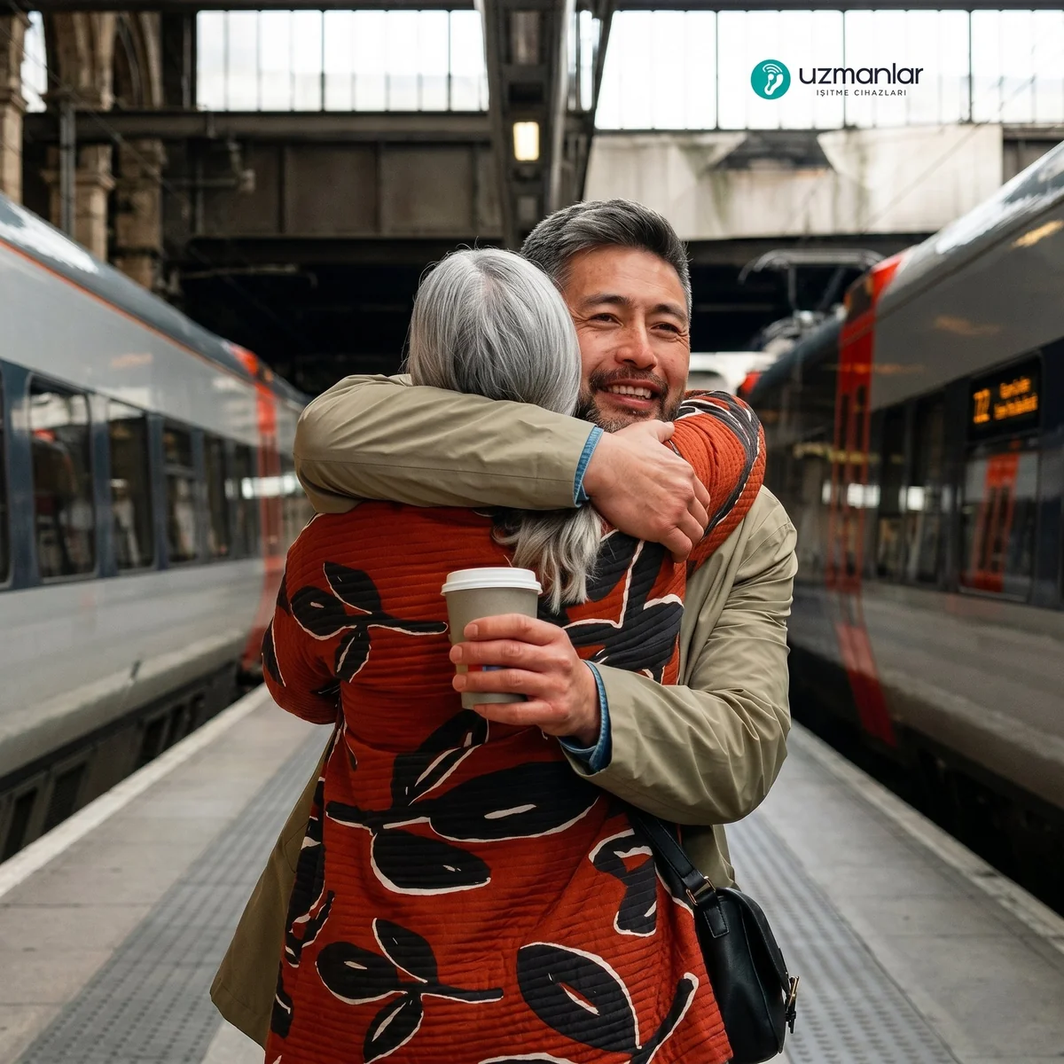 Yetişkin oğlu, gri saçlı annesini tren istasyonunda kucaklıyor — hem oğlunun gülümsemesi hem annenin huzuru görülüyor. Aile teması: işitme cihazı süreci aile içi iletişime nasıl etki eder.