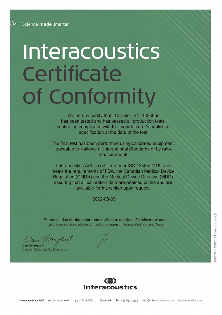 Interacoustics Callisto REM kalibrasyon sertifikası